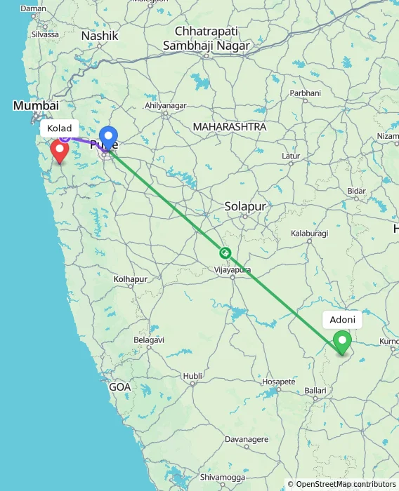 Route map showing distance and travel time from Adoni, India to Kolad, India