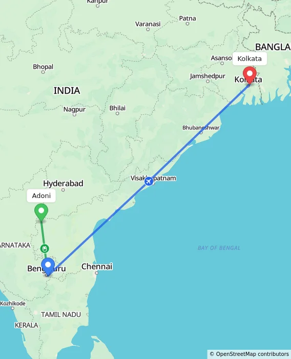 Route map showing distance and travel time from Adoni, India to Kolkata, India