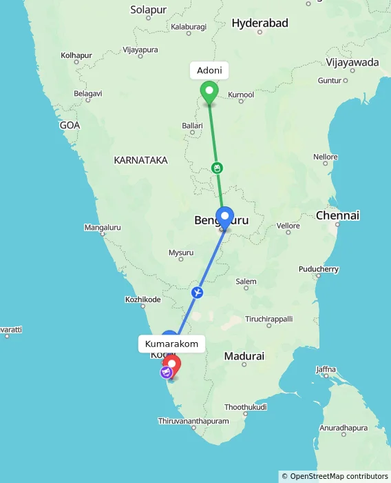 Route map showing distance and travel time from Adoni, India to Kumarakom, India