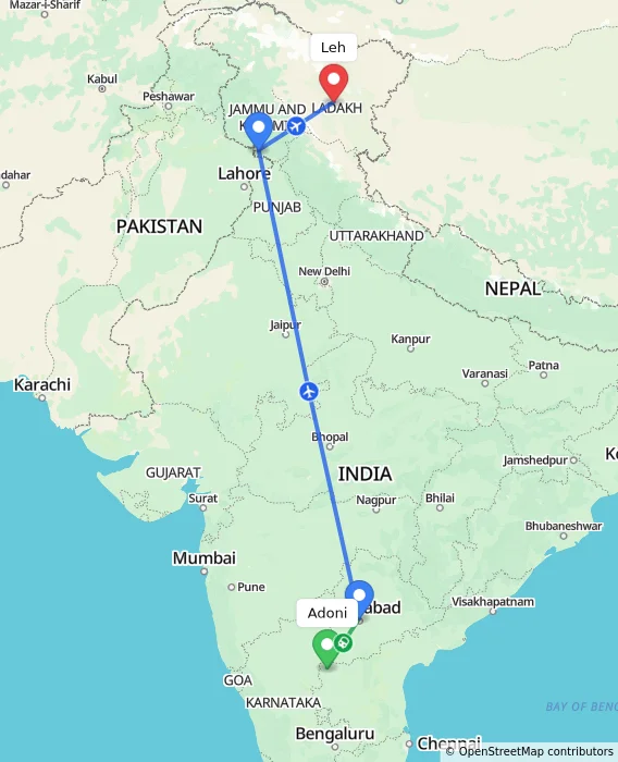 Route map showing distance and travel time from Adoni, India to Leh, India