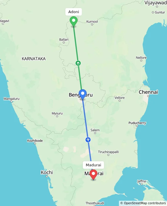 Route map showing distance and travel time from Adoni, India to Madurai, India