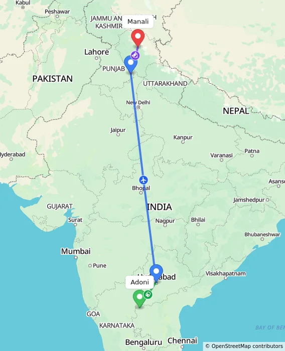 Route map showing distance and travel time from Adoni, India to Manali, India