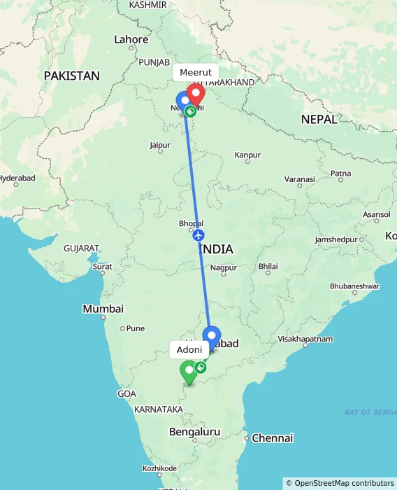 Route map showing distance and travel time from Adoni, India to Meerut, India