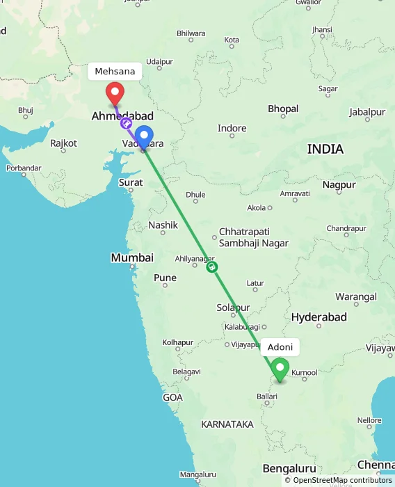 Route map showing distance and travel time from Adoni, India to Mehsana, India
