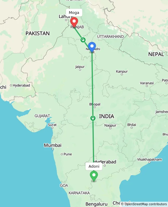 Route map showing distance and travel time from Adoni, India to Moga, India