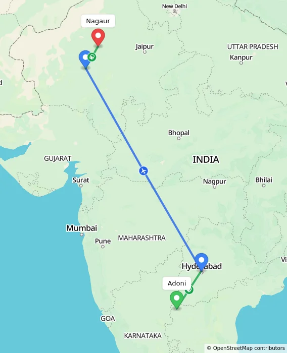 Route map showing distance and travel time from Adoni, India to Nagaur, India