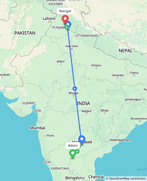 Route map showing distance and travel time from Adoni, India to Nangal, India