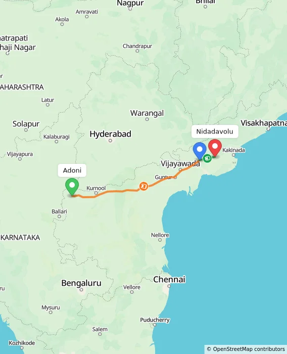 Route map showing distance and travel time from Adoni, India to Nidadavolu, India