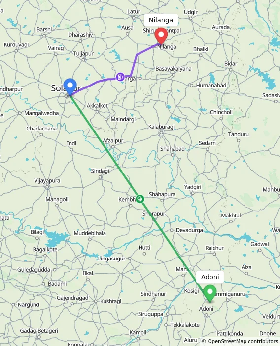 Route map showing distance and travel time from Adoni, India to Nilanga, India