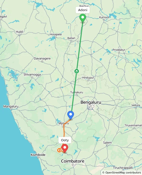 Route map showing distance and travel time from Adoni, India to Ooty, India