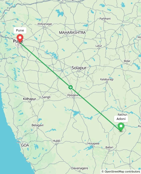 Route map showing distance and travel time from Adoni, India to Pune, India