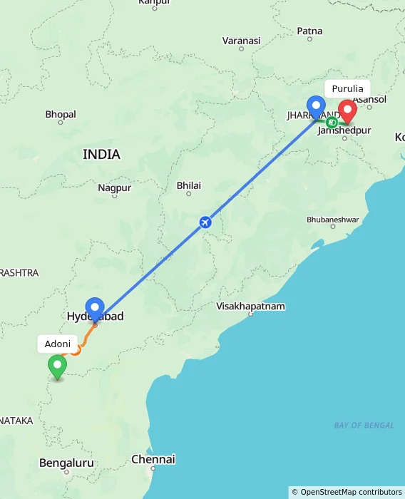 Route map showing distance and travel time from Adoni, India to Purulia, India