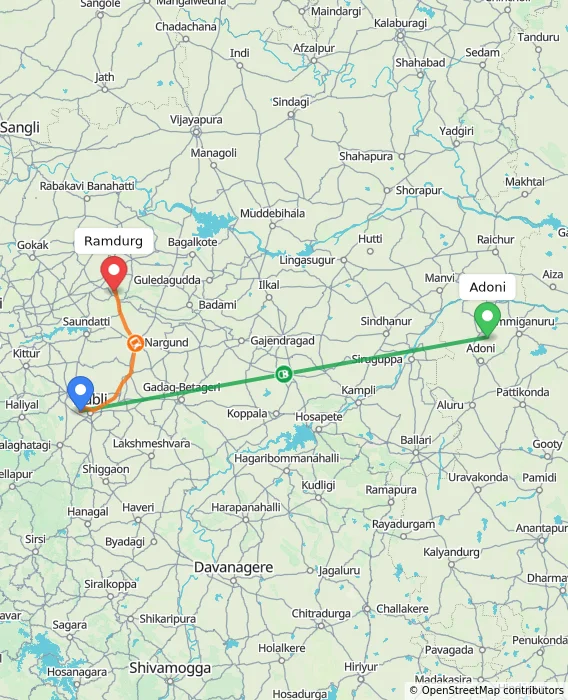 Route map showing distance and travel time from Adoni, India to Ramdurg, India