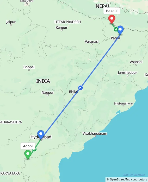 Route map showing distance and travel time from Adoni, India to Raxaul, India