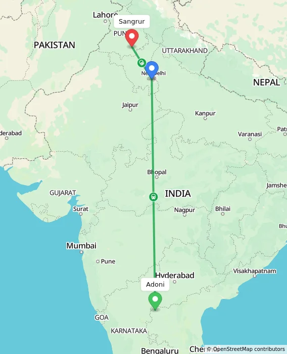 Route map showing distance and travel time from Adoni, India to Sangrur, India