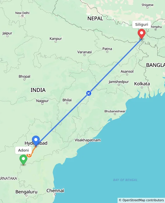 Route map showing distance and travel time from Adoni, India to Siliguri, India