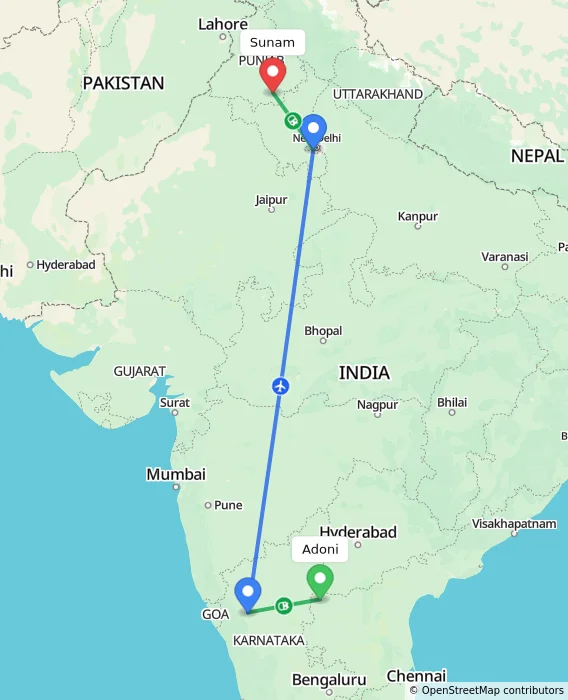 Route map showing distance and travel time from Adoni, India to Sunam, India