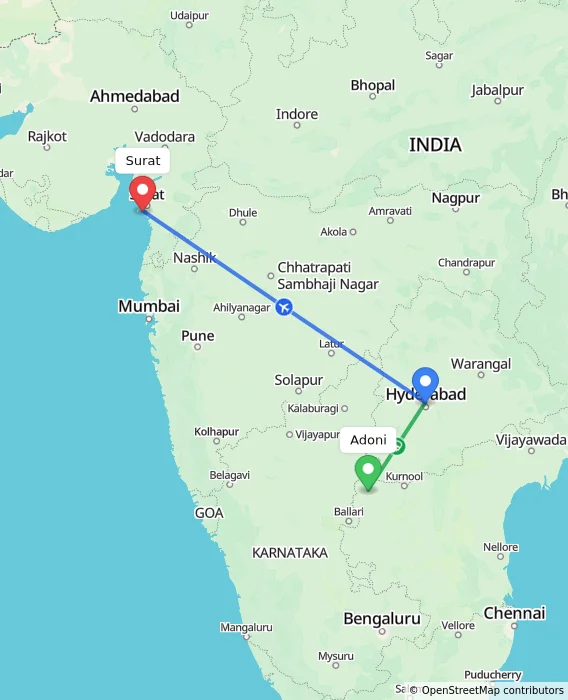 Route map showing distance and travel time from Adoni, India to Surat, India