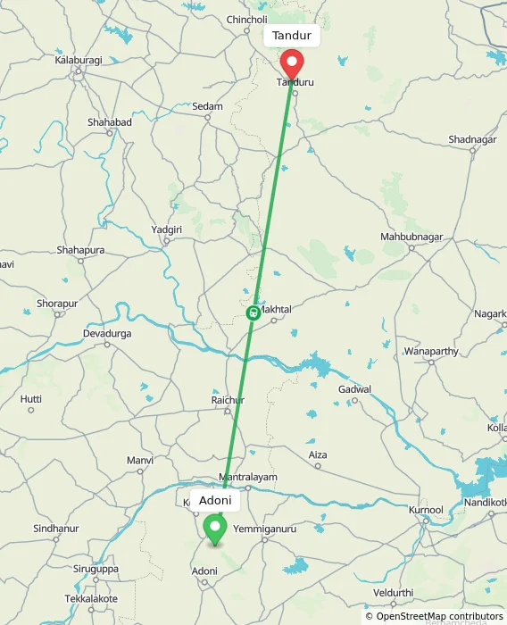 Route map showing distance and travel time from Adoni, India to Tandur, India