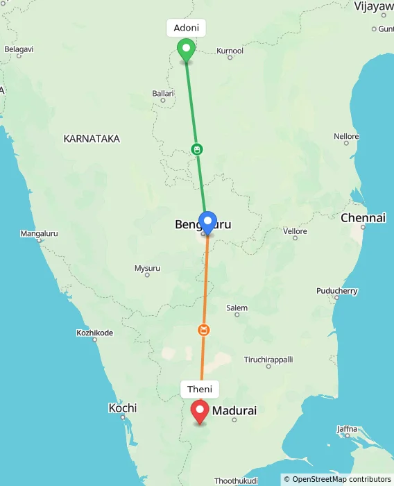 Route map showing distance and travel time from Adoni, India to Theni, India