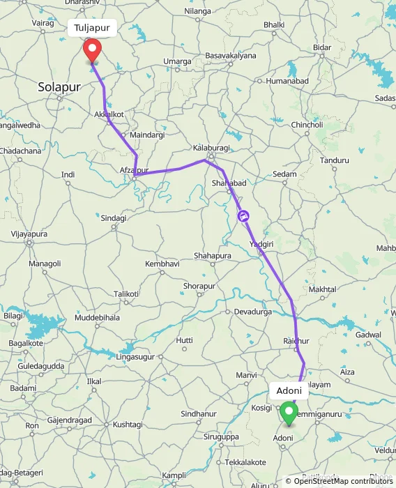 Route map showing distance and travel time from Adoni, India to Tuljapur, India