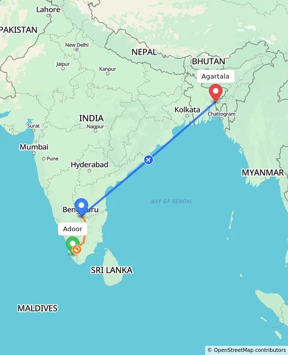 Route map showing distance and travel time from Adoor, India to Agartala, India
