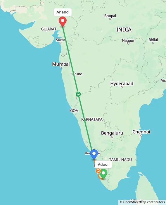 Route map showing distance and travel time from Adoor, India to Anand, India