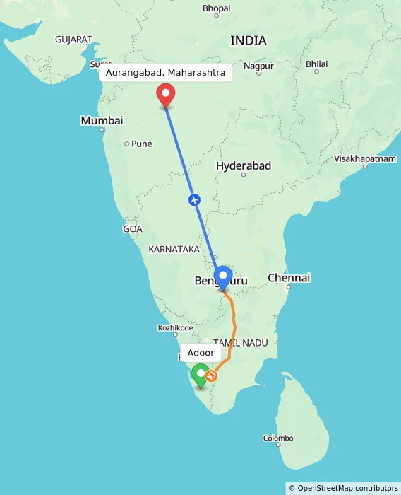 Route map showing distance and travel time from Adoor, India to Aurangabad, Maharashtra, India