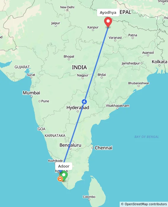 Route map showing distance and travel time from Adoor, India to Ayodhya, India