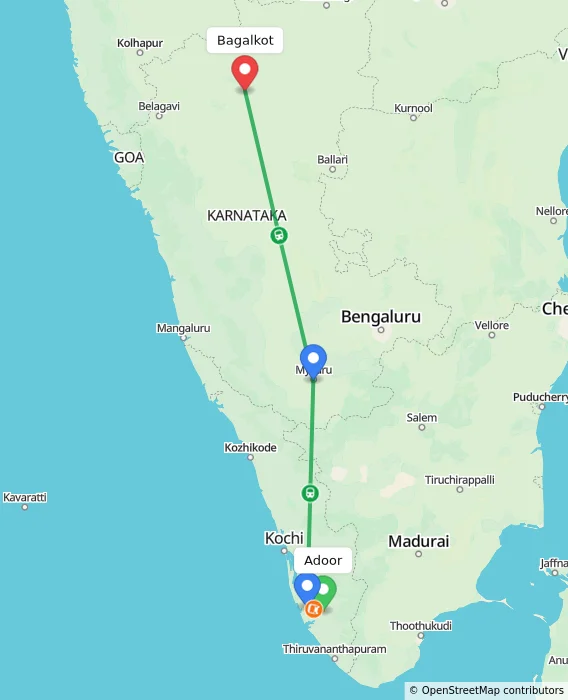 Route map showing distance and travel time from Adoor, India to Bagalkot, India