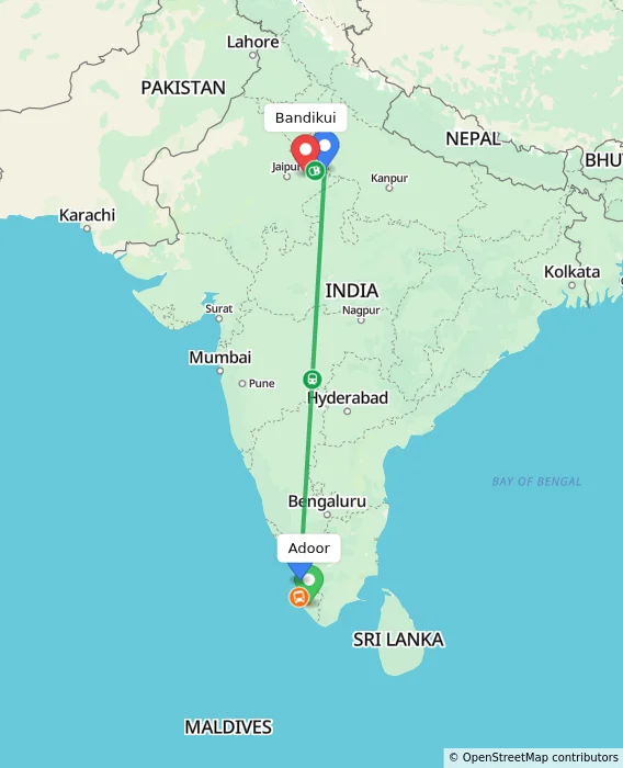 Route map showing distance and travel time from Adoor, India to Bandikui, India