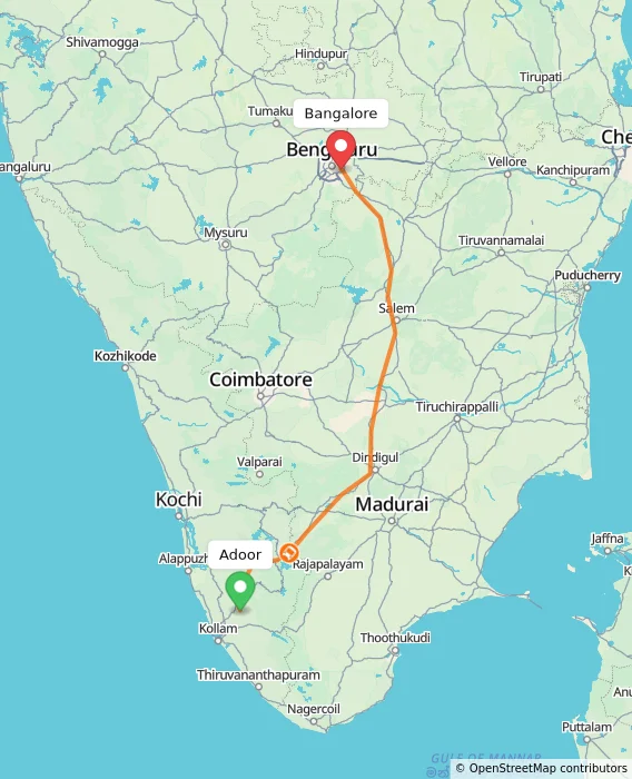 Route map showing distance and travel time from Adoor, India to Bangalore, India