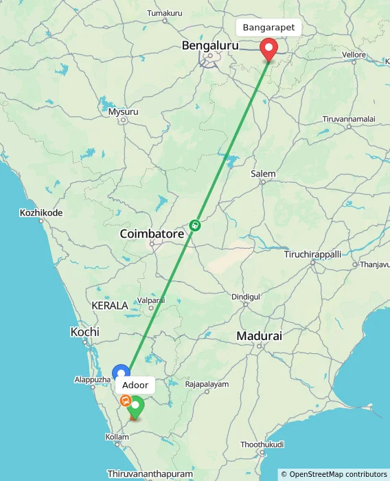 Route map showing distance and travel time from Adoor, India to Bangarapet, India