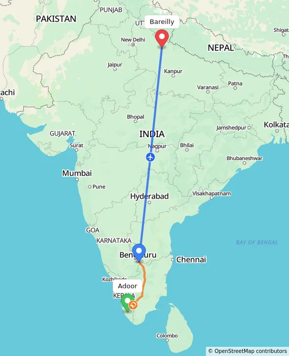 Route map showing distance and travel time from Adoor, India to Bareilly, India