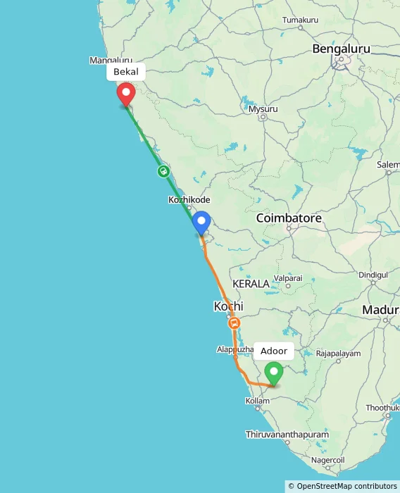 Route map showing distance and travel time from Adoor, India to Bekal, India