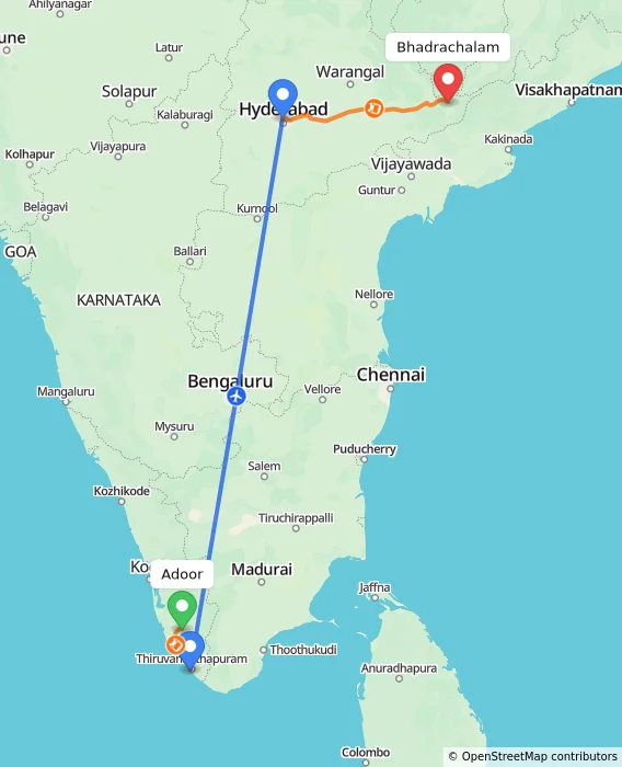 Route map showing distance and travel time from Adoor, India to Bhadrachalam, India