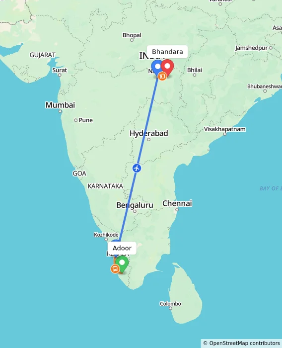 Route map showing distance and travel time from Adoor, India to Bhandara, India