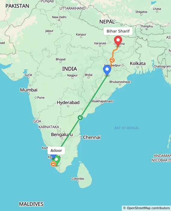 Route map showing distance and travel time from Adoor, India to Bihar Sharif, India