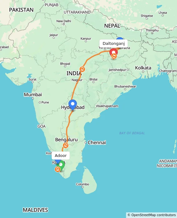 Route map showing distance and travel time from Adoor, India to Daltonganj, India