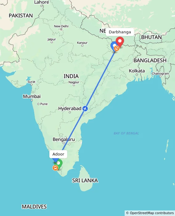 Route map showing distance and travel time from Adoor, India to Darbhanga, India