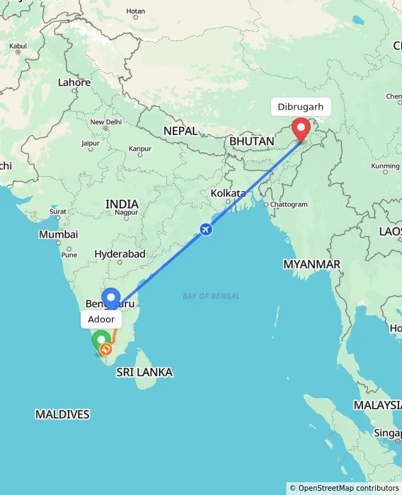 Route map showing distance and travel time from Adoor, India to Dibrugarh, India