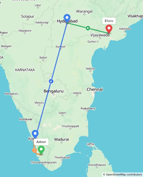 Route map showing distance and travel time from Adoor, India to Eluru, India