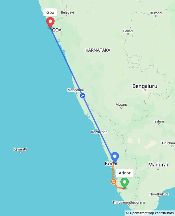 Route map showing distance and travel time from Adoor, India to Goa, India
