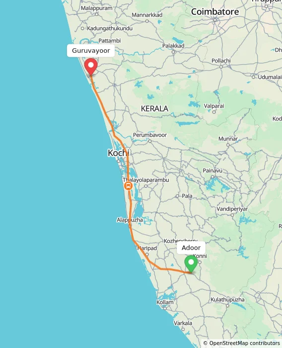 Route map showing distance and travel time from Adoor, India to Guruvayoor, India