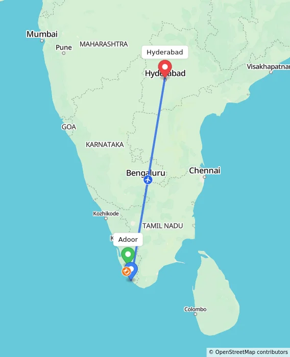 Route map showing distance and travel time from Adoor, India to Hyderabad, India