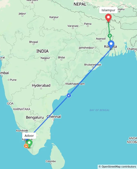 Route map showing distance and travel time from Adoor, India to Islampur, India
