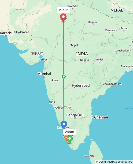 Route map showing distance and travel time from Adoor, India to Jaipur, India
