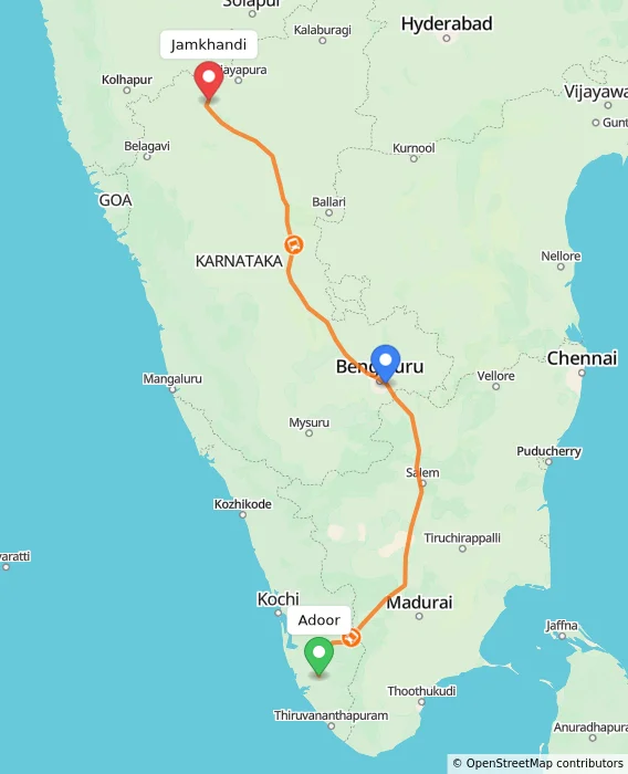 Route map showing distance and travel time from Adoor, India to Jamkhandi, India