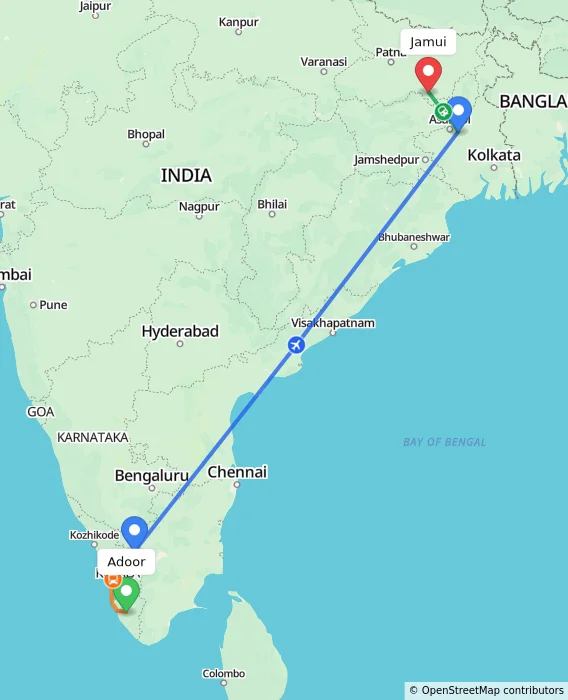 Route map showing distance and travel time from Adoor, India to Jamui, India