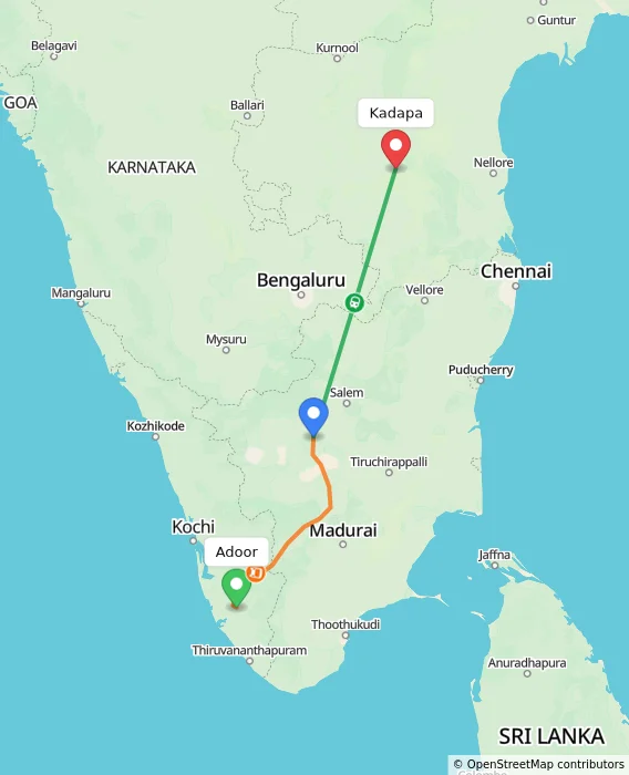 Route map showing distance and travel time from Adoor, India to Kadapa, India